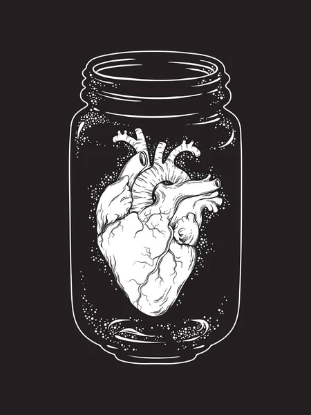 分離したガラス瓶の中の人間の心。ステッカー、印刷またはブラックワーク タトゥー手描きベクトル図 — ストックベクタ