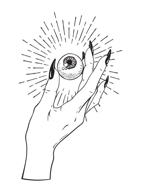 Ojo humano en mano femenina aislada. Etiqueta engomada, impresión o blackwork tatuaje ilustración vectorial dibujado a mano — Vector de stock