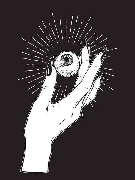 Human eyeball in female hand isolated. Sticker, print or blackwork tattoo hand drawn vector illustration — Stock Vector