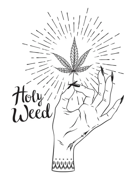 Marihuanablad in vrouwelijke hand geïsoleerd op witte achtergrond. Blackwork tatoeage of afdrukontwerp cannabis vectorillustratie — Stockvector