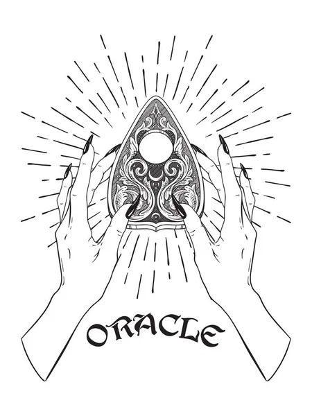 Hand getekende sierlijke ouija bord mystificerende oracle planchette in vrouwelijke handen geïsoleerd. Blackwork stijl boho chic sticker, poster, tatoeage of afdrukontwerp vectorillustratie — Stockvector