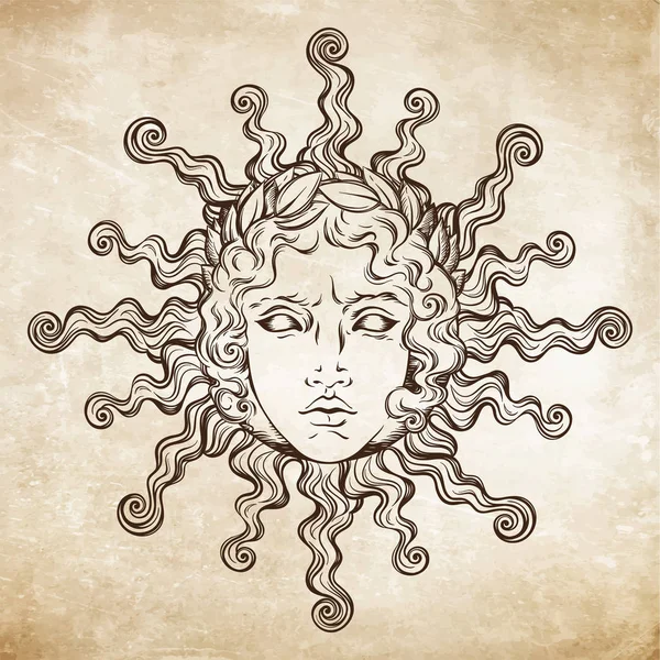 Sol de estilo antiguo dibujado a mano con la cara del dios griego y romano Apolo. Tatuaje flash o diseño de impresión ilustración vectorial . — Vector de stock