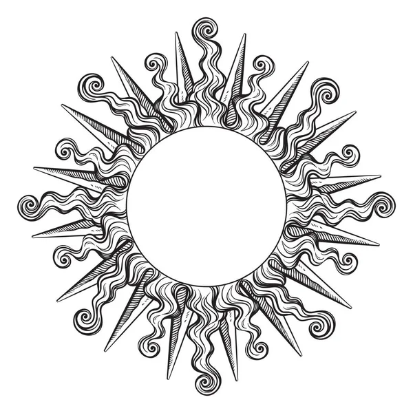 Ručně kreslenou leptání styl rám ve tvaru slunce paprsky vektorové ilustrace — Stockový vektor