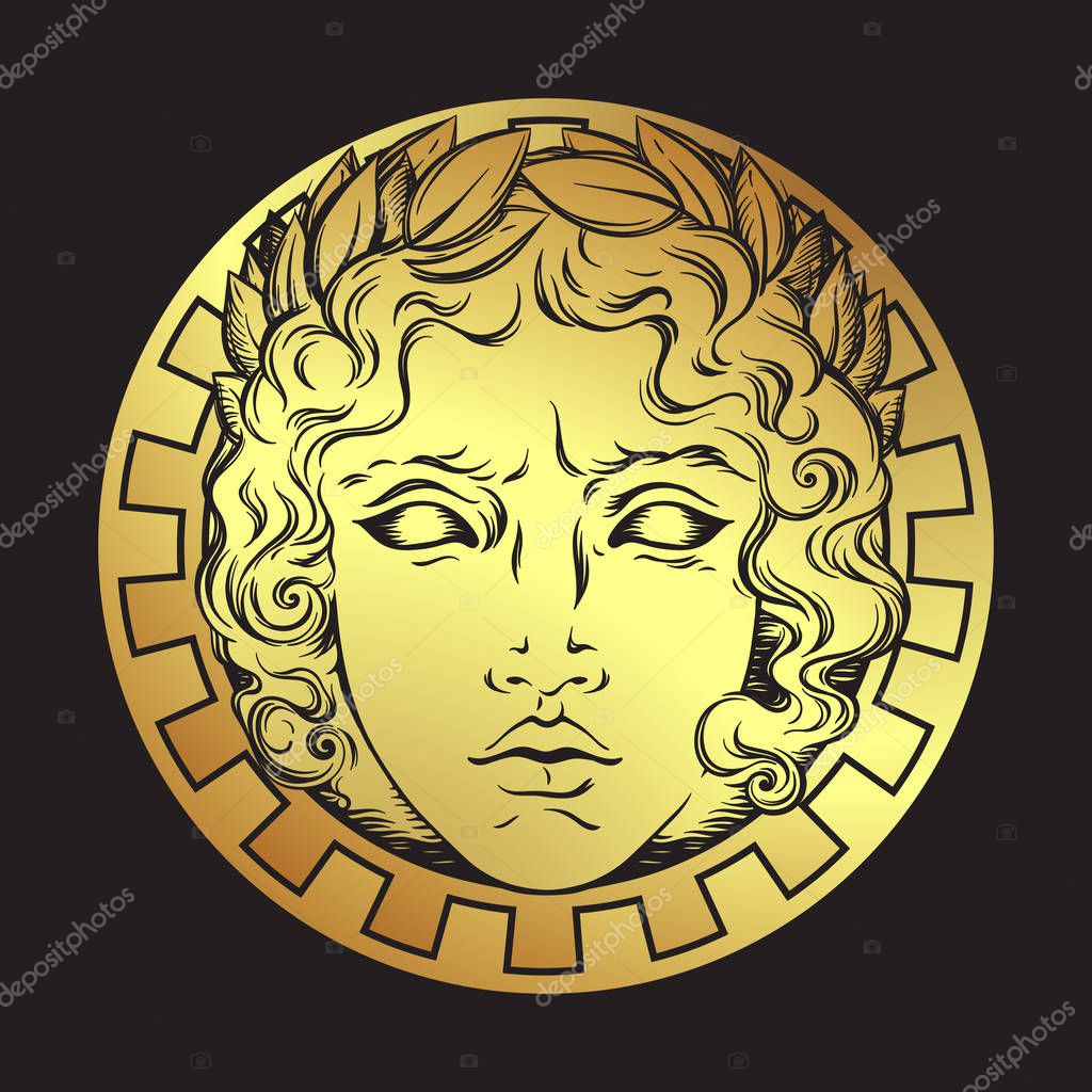 Hand drawn antique style sun with face of the greek and roman god Apollo. Flash tattoo or print design vector illustration.