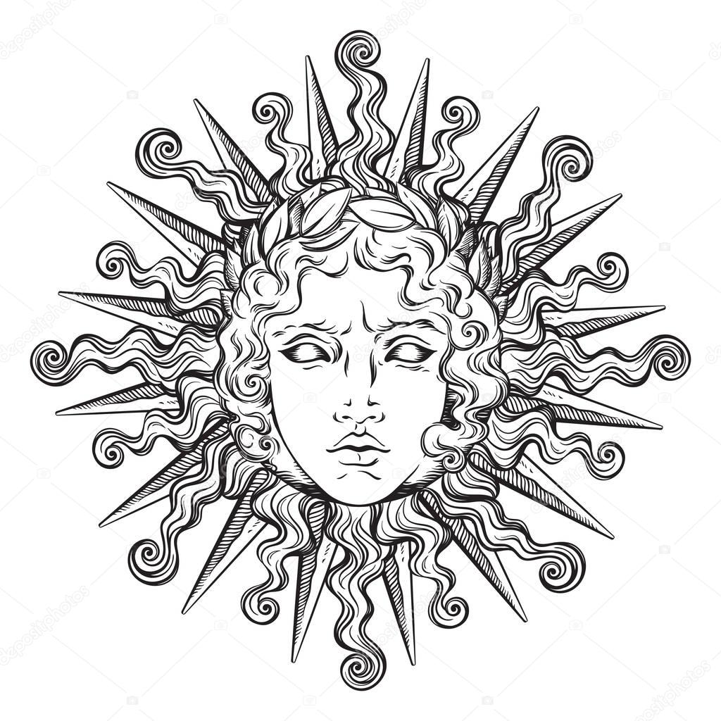 Hand drawn antique style sun with face of the greek and roman god Apollo. Flash tattoo or print design vector illustration.