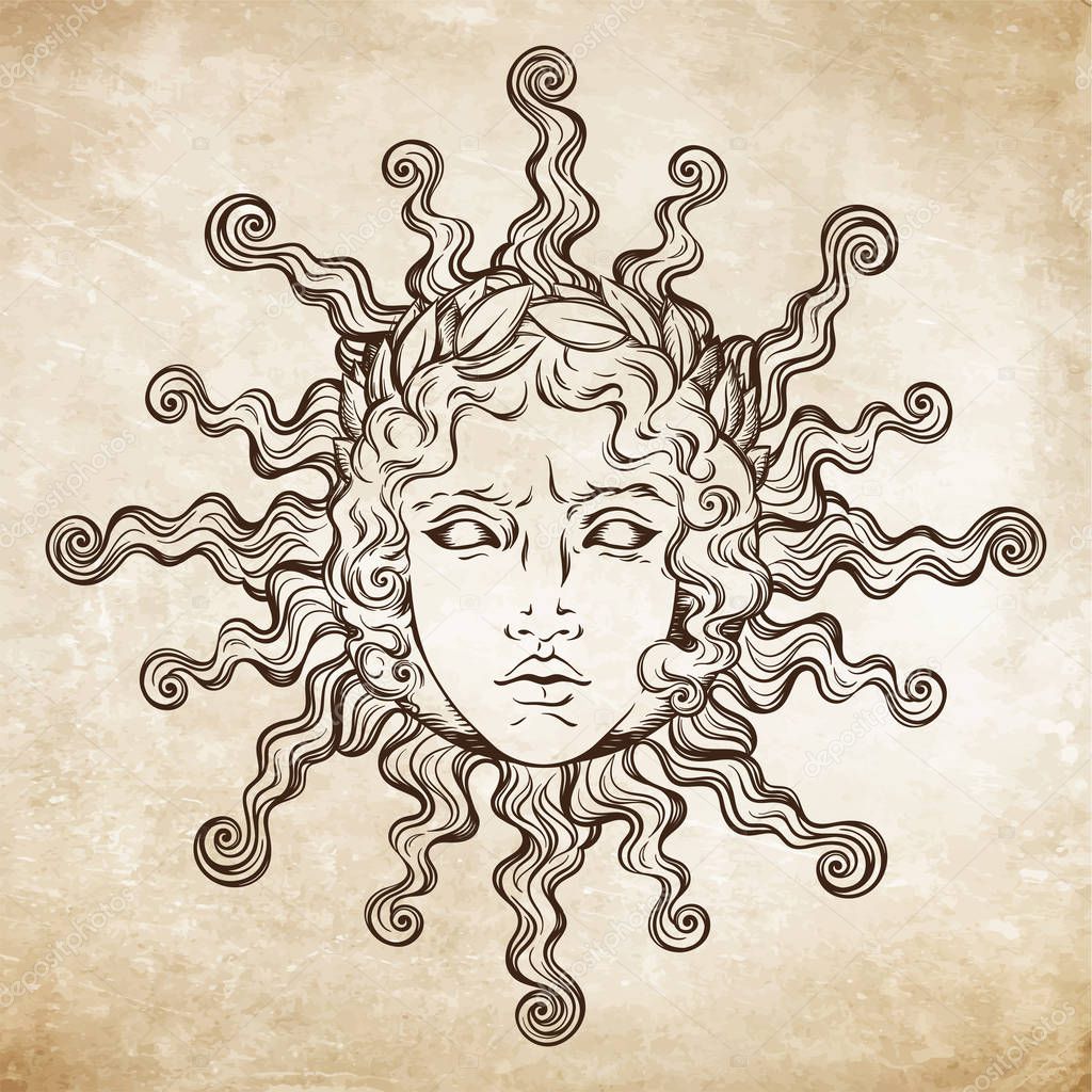 Hand drawn antique style sun with face of the greek and roman god Apollo. Flash tattoo or print design vector illustration.