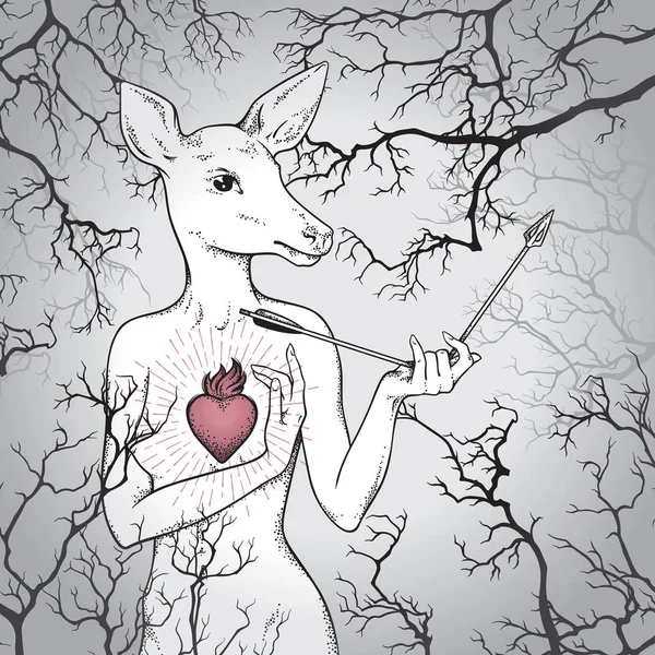 Cerf dessiné à la main avec le corps humain et le cœur brûlant tenant flèche cassée dans la forêt brumeuse. Illustration vectorielle de conception d'art linéaire et d'estampe — Image vectorielle