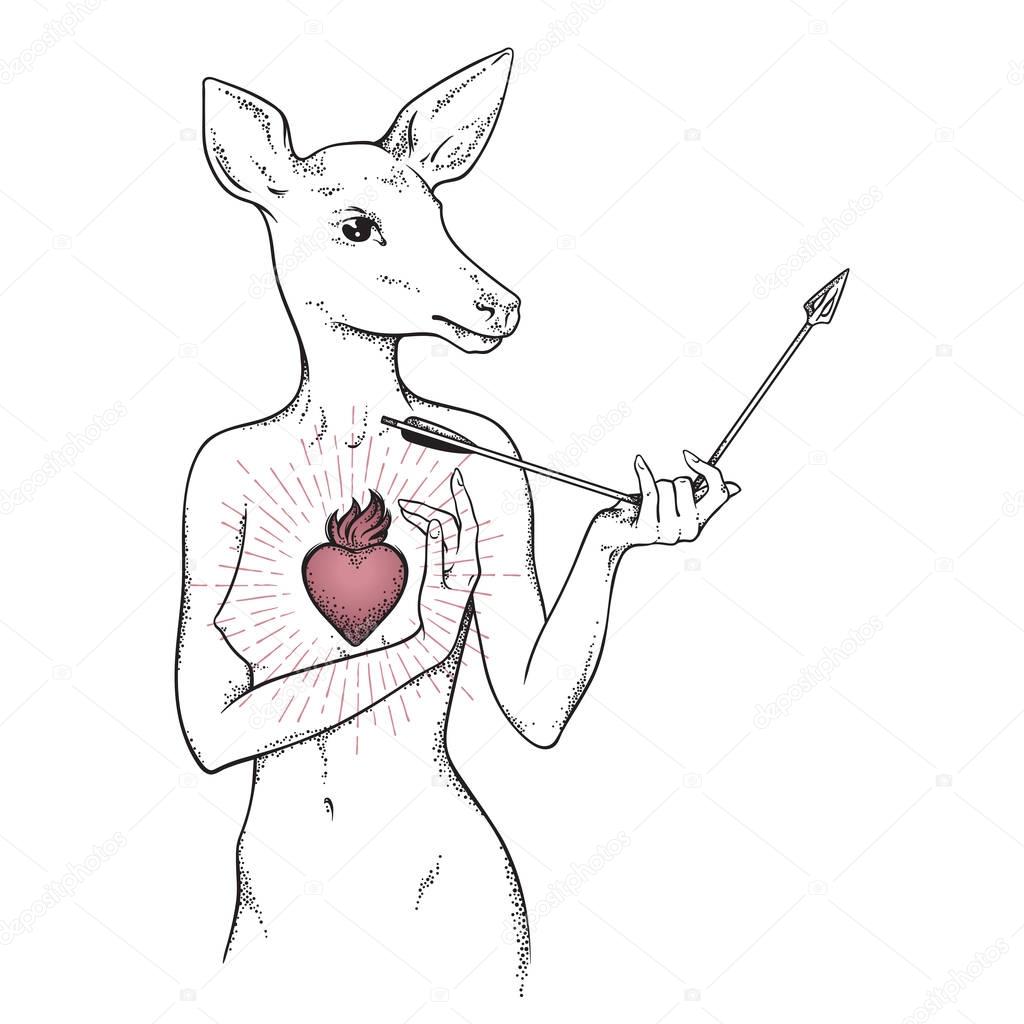 Hand drawn deer with human body and burning heart holding broken arrow isolated on white background. Line art and dot art tattoo or print design vector illustration