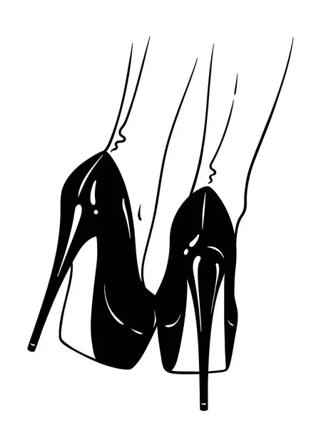 Hand drawn female legs in high heels and seamed stockings. Flash tattoo or print design in noir comics style vector illustration — Stock Vector