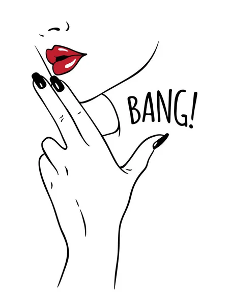 Mujer joven dibujada a mano sosteniendo los dedos en gesto de pistola. Flash tatuaje o diseño de impresión en negro cómic estilo vector ilustración — Archivo Imágenes Vectoriales