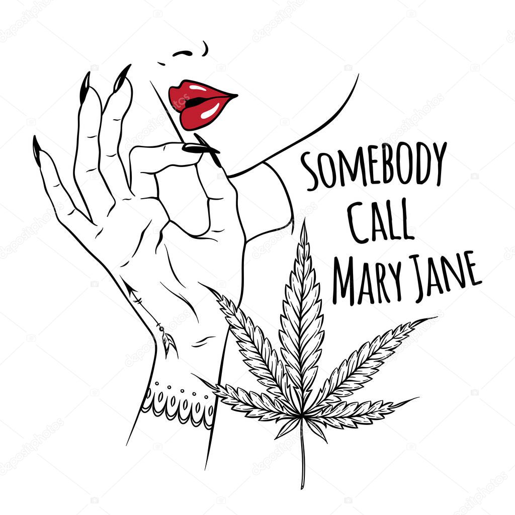 Hand drawn young woman holding fingers in smoking gesture isolated on white background. Flash tattoo or print design cannabis vector illustration