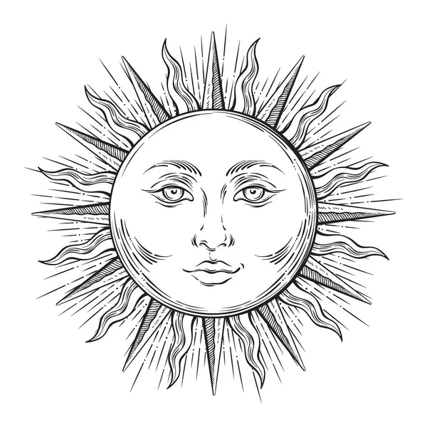 Estilo antiguo dibujado a mano sol arte. Vector de diseño de tatuaje boho chic — Archivo Imágenes Vectoriales