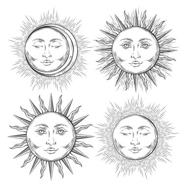 Boho chic flaş dövme tasarım elle çizilmiş sanat güneş ve hilal ay küme. Beyaz arka plan üzerinde izole antika stili etiket tasarlamak vektör