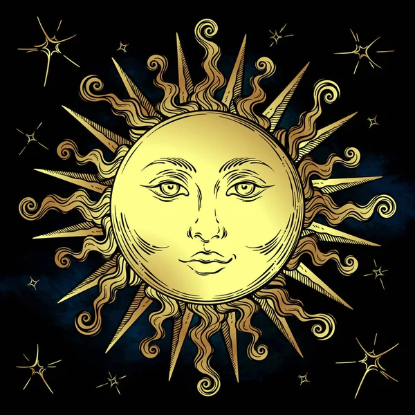Goldene Sonne und Sterne Vektor Illustration. handgezeichnetes Stoffdesign im Boho-Stil, Astrologie, Alchemie, magisches Symbol — Stockvektor
