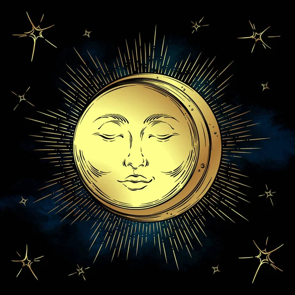 Antique style hand drawn art golden sun, crescent moon and stars over blue black sky. Boho chic design vector Stock Illustration