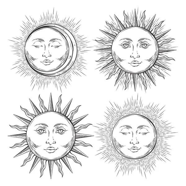 Boho chic flash tattoo design hand drawn art sun and crescent moon set. Antique style sticker design vector isolated on white background Stock Illustration