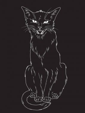 Siyah arka plan üzerinde izole el çekilmiş siyah kedi. Wiccan tanıdık ruhu, pagan büyücülük tema tasarlamak vektör.