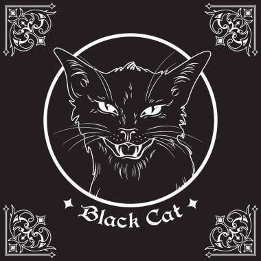El siyah kedi kafası siyah arka plan ve süslü Gotik tasarım öğeleri üzerinde çerçeve çizilmiş. Wiccan tanıdık ruhu, pagan büyücülük Tema vektör çizim.