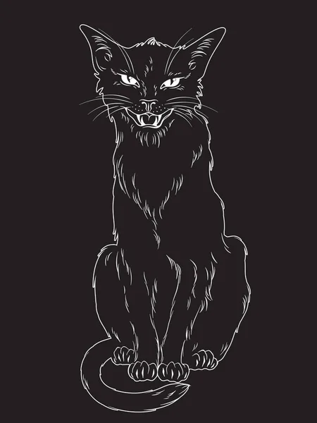 Hand getekende zwarte kat geïsoleerd op zwarte achtergrond. Wicca vertrouwd geest, heidense hekserij thema ontwerp vectorillustratie. — Stockvector