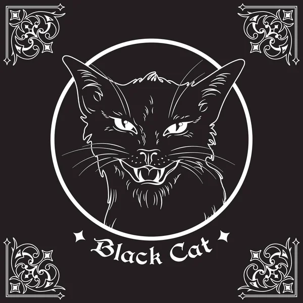 Tête de chat noire dessinée à la main dans un cadre sur fond noir et des éléments décorés de design gothique. Wiccan esprit familier, thème de la sorcellerie païenne illustration vectorielle . — Image vectorielle