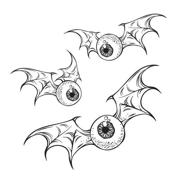 Repülő szemgolyó hátborzongató démon szárnyakkal kézzel készült fekete-fehér halloween téma nyomtatási design elszigetelt vektoros illusztráció — Stock Vector