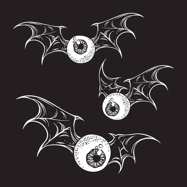 Repülő szemgolyó hátborzongató démon szárnyakkal kézzel készült fekete-fehér halloween téma nyomtatási design elszigetelt vektoros illusztráció — Stock Vector