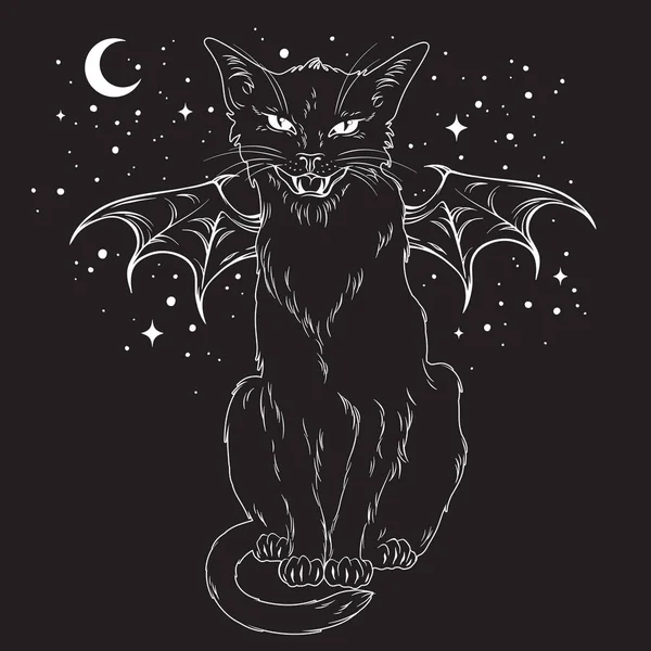 Läskiga svart katt med monster vingar över natthimlen med månen och stjärnorna. Wiccan bekant Anden, halloween eller hedniska trolldom tema tryckdesign vektorillustration. — Stock vektor