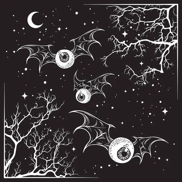 Flying eyeballs with creepy monster wings over the night sky with moon and stars hand drawn black and white halloween theme print design isolated vector illustration — Stock Vector