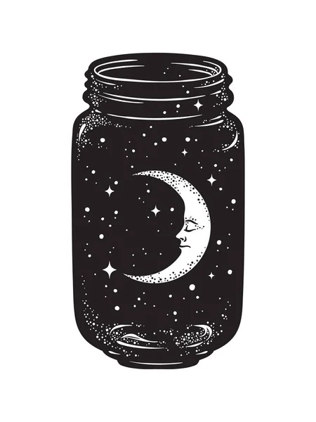 Tarro de deseos dibujado a mano. Luna creciente y estrellas en frasco de vidrio aislado. Etiqueta engomada, impresión o tatuaje diseño vector ilustración — Vector de stock