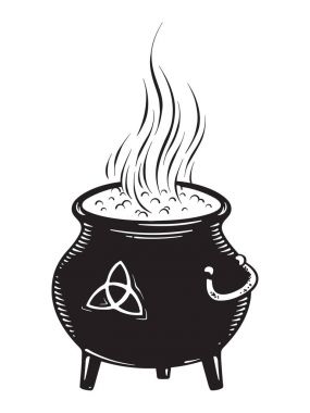 Kaynayan sihirli kazan vektör çizimi. El yapımı cadı tasarımı, astroloji, simya, sihirli sembol veya cadılar bayramı tasarımı
