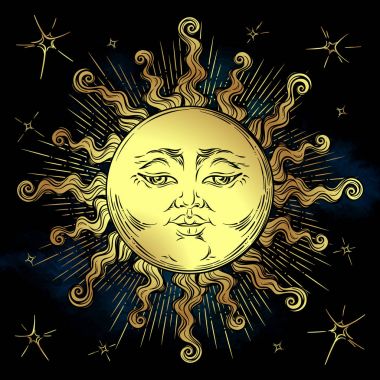 Altın güneş ve yıldızların illüstrasyon vektör. El çizilmiş boho tarzı kumaş tasarımı, Astroloji, simya, büyü sembolü