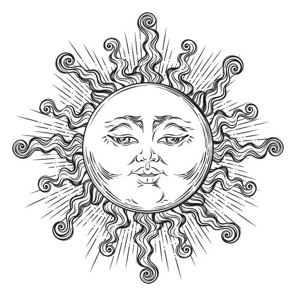 Estilo antigo mão desenhada arte sol. Boho chique tatuagem vetor de design — Vetor de Stock