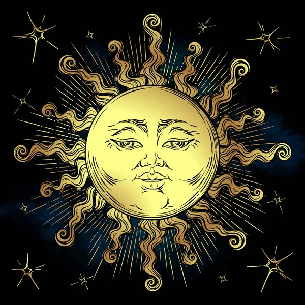 Sol dourado e estrelas ilustração vetorial. Design de tecido estilo boho desenhado à mão, astrologia, alquimia, símbolo mágico — Vetor de Stock