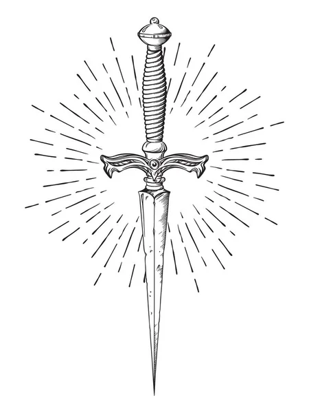 Ritualdolch mit Lichtstrahlen isoliert auf weißem Hintergrund, handgezeichnete Vektorillustration. Schwarze Arbeit, Flash-Tätowierung oder Print-Design — Stockvektor