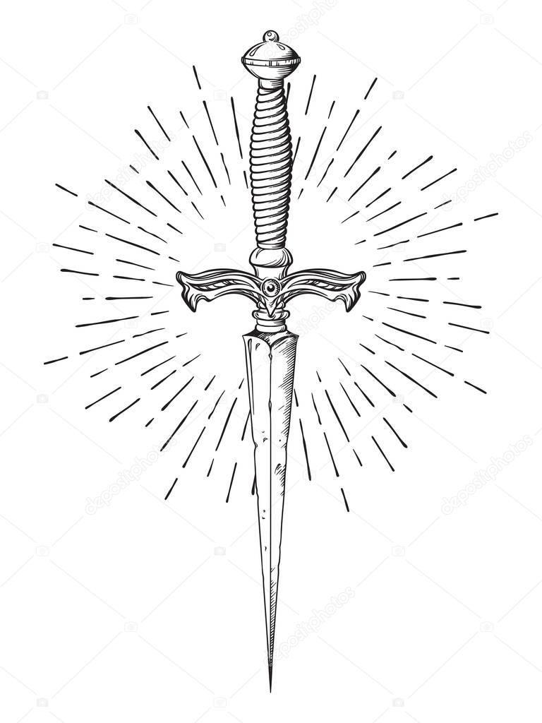 Ritual dagger with rays of light isolated on white background hand drawn vector illustration. Black work, flash tattoo or print design