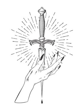 Beyaz arka plan elle çizilmiş vektör illüstrasyon izole ışık ışınları ritüel hançeriyle el deldi. Siyah iş, flash dövme veya baskı tasarımı