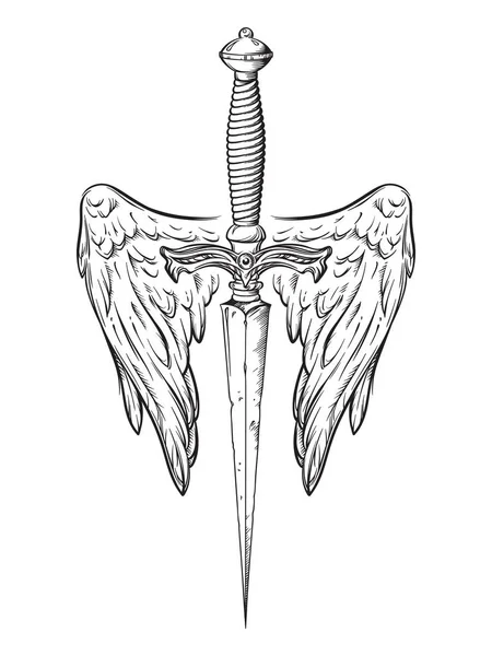 Daga ritual con alas de ángel aisladas sobre fondo blanco ilustración vectorial dibujada a mano. Trabajo negro, tatuaje flash o diseño de impresión — Vector de stock