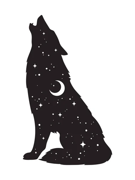 Silueta de lobo con luna creciente y estrellas aisladas. Etiqueta engomada, trabajo negro, impresión o flash tatuaje diseño vector ilustración. Tótem pagano, arte del espíritu familiar wiccan — Archivo Imágenes Vectoriales