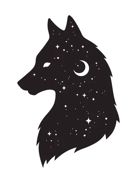 Siluet serigala dengan bulan sabit dan bintang-bintang terisolasi. Stiker, karya hitam, cetak atau gambar vektor desain tato kilat. Totem pagan, seni roh wiccan familiar - Stok Vektor