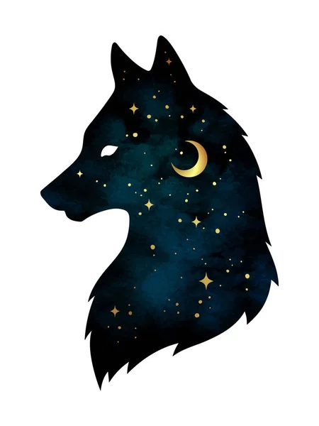 Silhouette de loup avec croissant de lune et étoiles isolées. Autocollant, illustration vectorielle de conception d'impression ou de tatouage. Totem païen, art spirituel familier wiccan — Image vectorielle