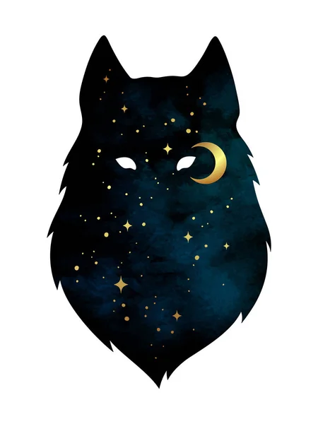 Silueta de lobo con luna creciente y estrellas aisladas. Etiqueta engomada, impresión o tatuaje diseño vector ilustración. Tótem pagano, arte del espíritu familiar wiccan — Archivo Imágenes Vectoriales