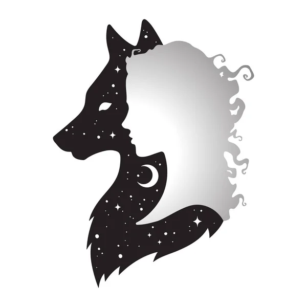 Silhouet van mooie vrouw met schaduw van wolf met halve maan en sterren geïsoleerd. Sticker, print of tattoo ontwerp vector illustratie. heidense totem, wiccan vertrouwde geest kunst — Stockvector