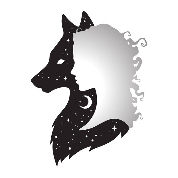 Silhouette of beautiful woman with shadow of wolf with crescent moon and stars isolated. Sticker, print or tattoo design vector illustration. Pagan totem, wiccan familiar spirit art
