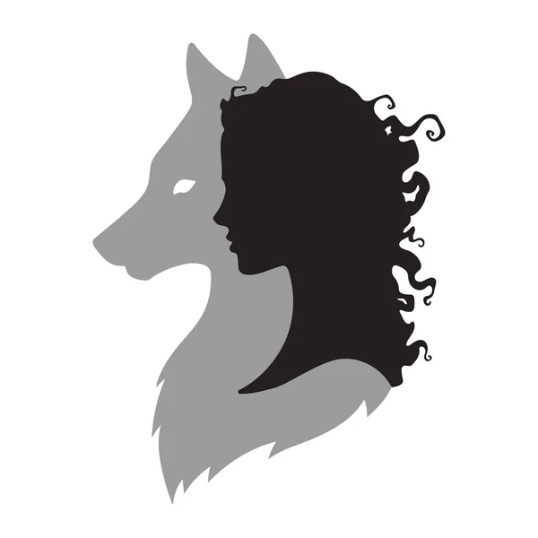 Silueta de mujer hermosa con sombra de lobo aislada. Etiqueta engomada, impresión o tatuaje diseño vector ilustración. Tótem pagano, arte del espíritu familiar wiccan — Archivo Imágenes Vectoriales