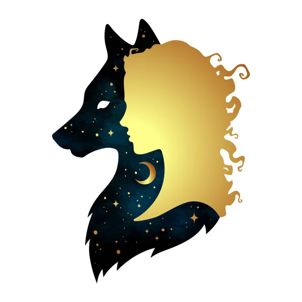 Silhouette of beautiful woman with shadow of wolf with crescent moon and stars isolated. Sticker, print or tattoo design vector illustration. Pagan totem, wiccan familiar spirit art — Stock Vector