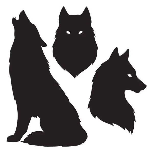 Ensemble de silhouettes de loups isolées. Autocollant, illustration vectorielle de conception d'impression ou de tatouage. Totem païen, art spirituel familier wiccan — Image vectorielle