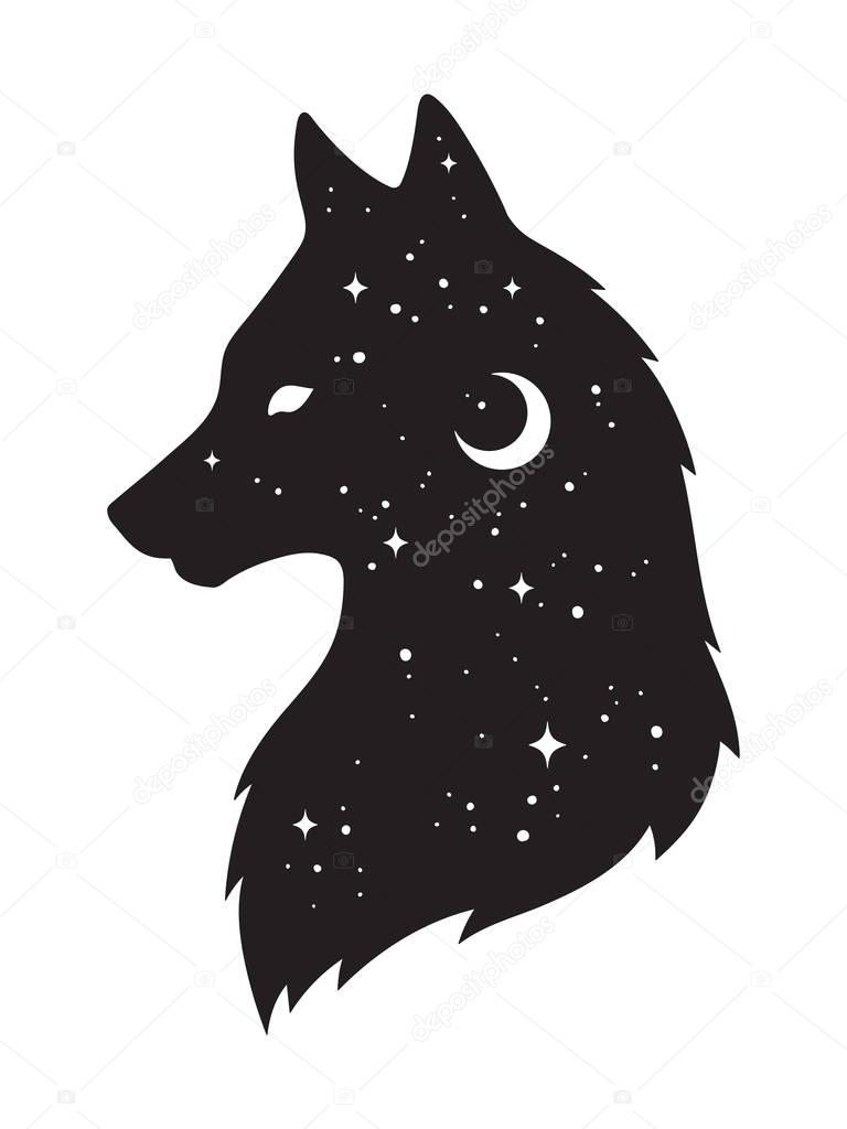 Silhouette of wolf with crescent moon and stars isolated. Sticker