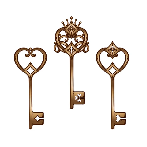 老式的心形青铜古董骨架键设置。手绘隔离向量图 — 图库矢量图片