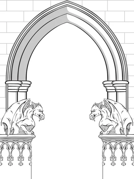 Gotický oblouk s ručně kresleným vektorovým znázorněním chrliče. Návrh rámu nebo tisku — Stockový vektor