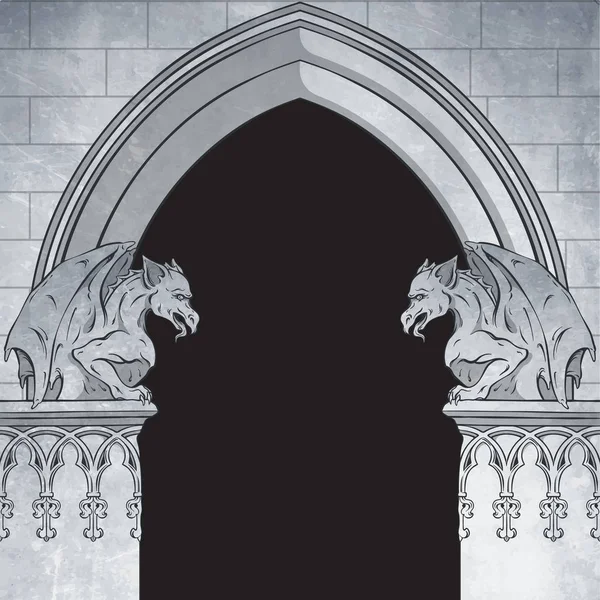 Arco gótico con gárgolas ilustración vectorial dibujada a mano. Marco o diseño de impresión — Vector de stock